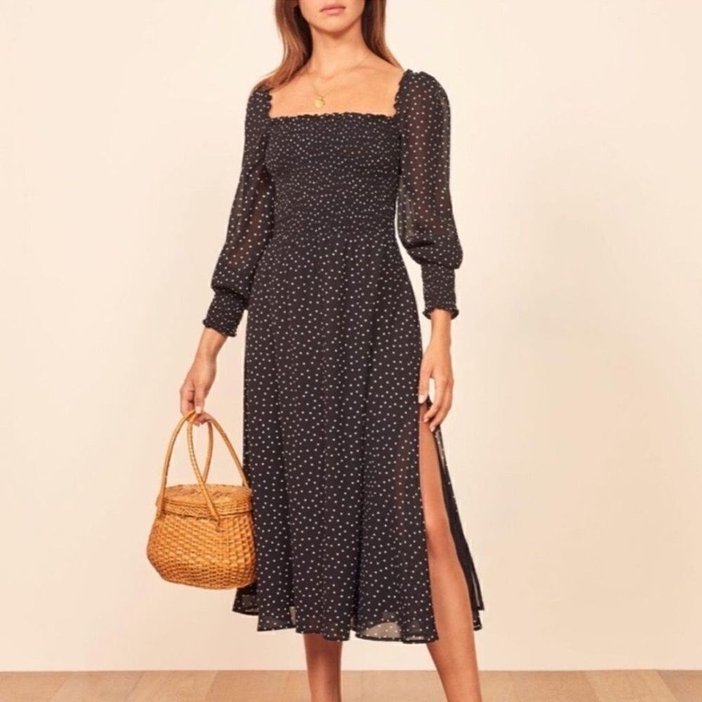 Reformation Rowan Midi Black White Dress Polka Dot Size MP